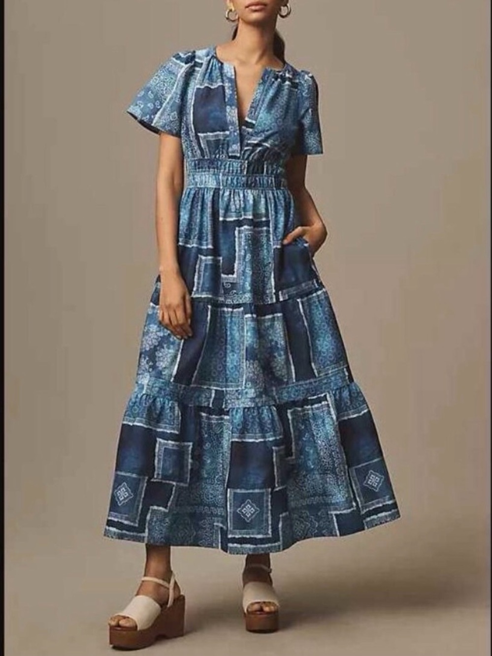 Anthropologie Somerset Maxi Dress Blue Patchwork Print XL Petite